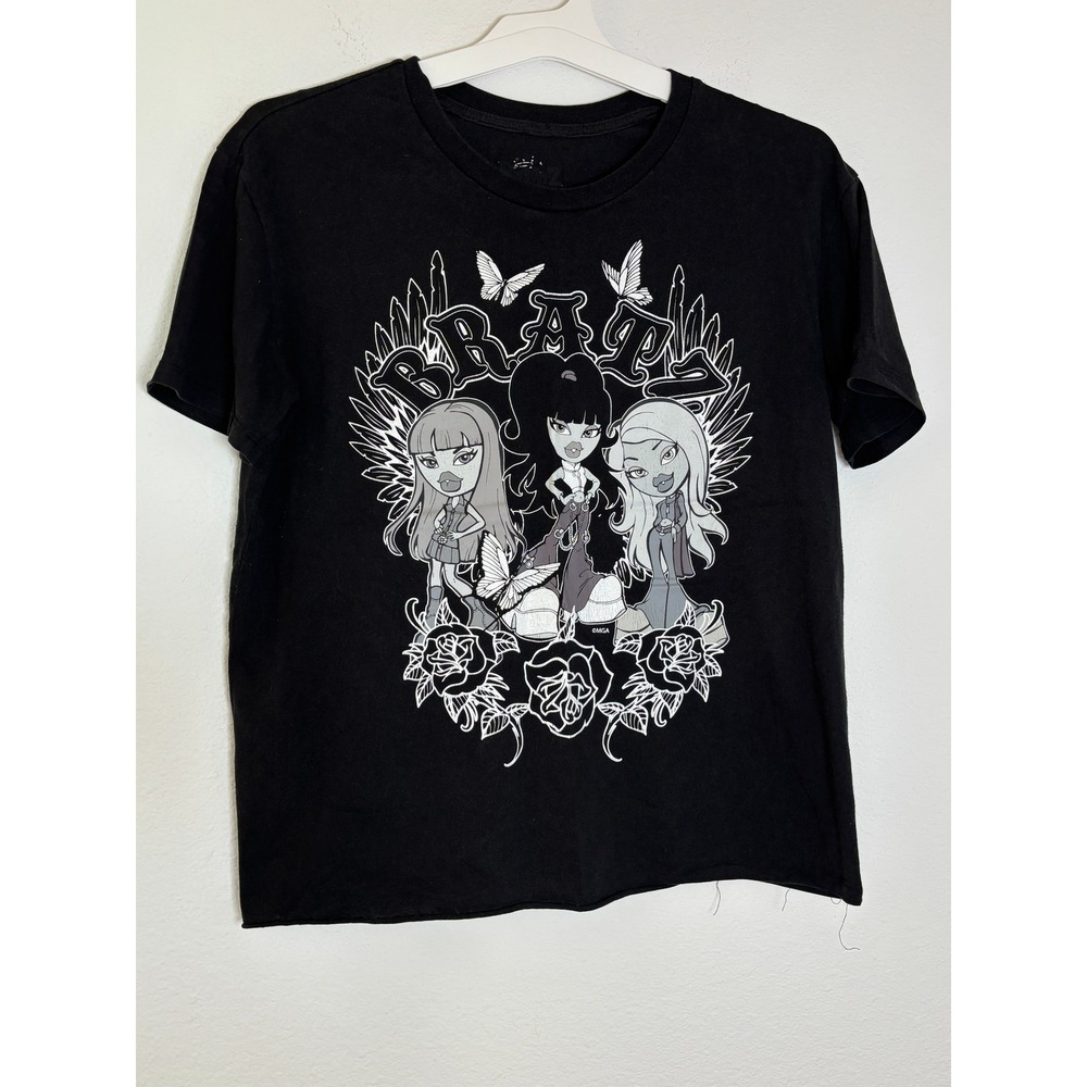 Bratz Graphic T-Shirt Black Y2K Dolls Roses Butterflies Raw Hem Large